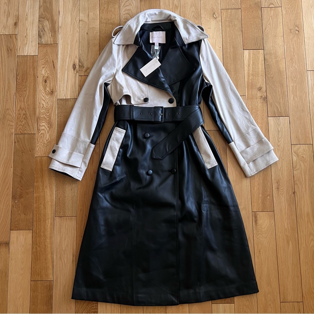 NWT Hutch Stasia Faux Leather Suede Trench Coat Colorblock Black Tan Size Small - Picture 10 of 14